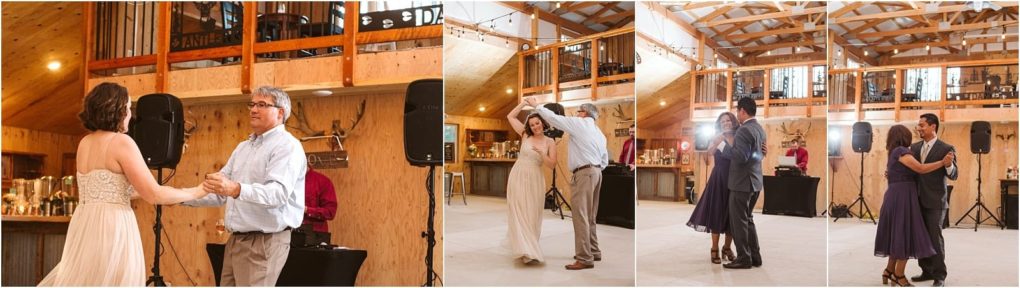 Premier snohomish & seattle wedding photographer | gsquared weddings photography three side by side photos show couples dancing in a rustic wooden barn venue during a joyful snohomish wedding reception with string lights and a dj booth in the background capturing the celebratory atmosphere near seattle | serving snohomish seattle                   & beyond