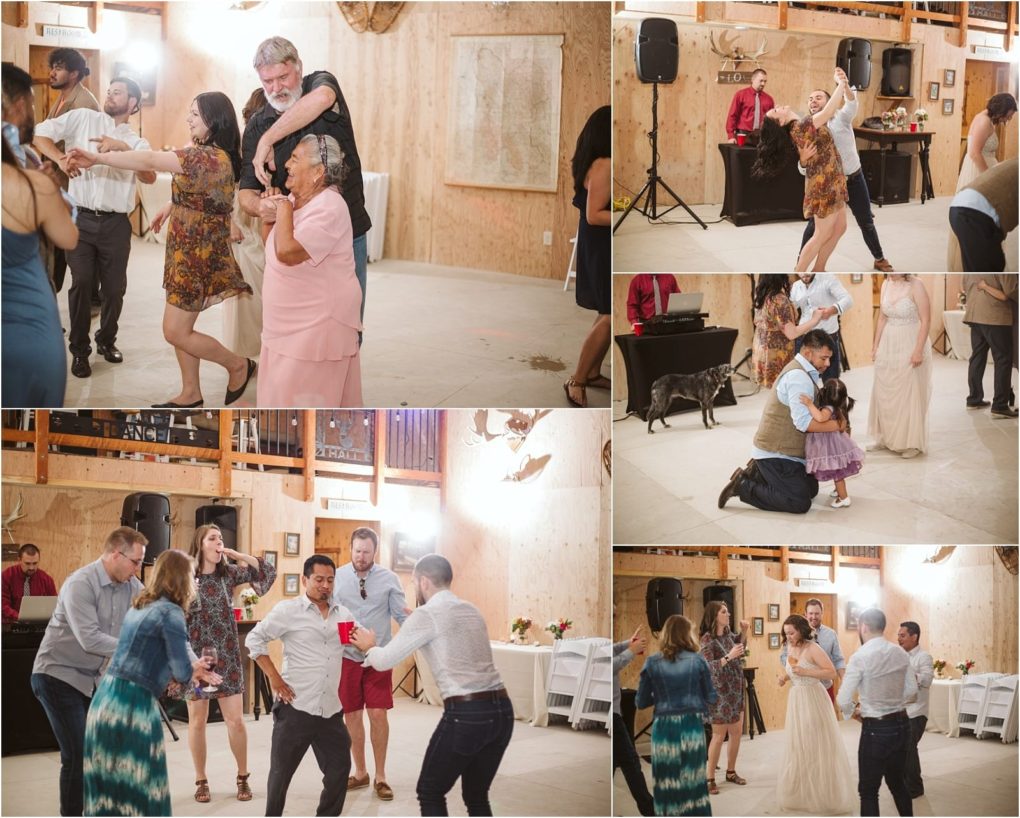 Premier snohomish & seattle wedding photographer | gsquared weddings photography a lively collage of people dancing laughing and celebrating at a rustic snohomish wedding event with wooden walls festive lighting and a dj Couples twirl and mingle while children join the fun in this joyful seattle engagement scene | serving snohomish seattle                   & beyond