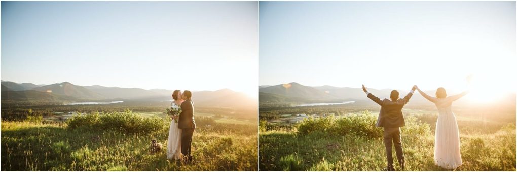 Premier snohomish & seattle wedding photographer | gsquared weddings photography a couple in wedding attire stands on a grassy hill overlooking a scenic snohomish valley and lake at sunset in one photo they embrace and in the other they raise their arms in celebration of their seattle wedding engagement | serving snohomish seattle                   & beyond