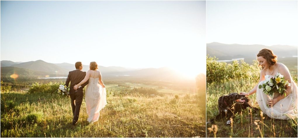 Premier snohomish & seattle wedding photographer | gsquared weddings photography a couple in wedding attire walks through a sunlit field with mountains in the distance in a second image from their snohomish seattle wedding the bride kneels to pet a dog holding a bouquet amid greenery and mountain views | serving snohomish seattle                   & beyond