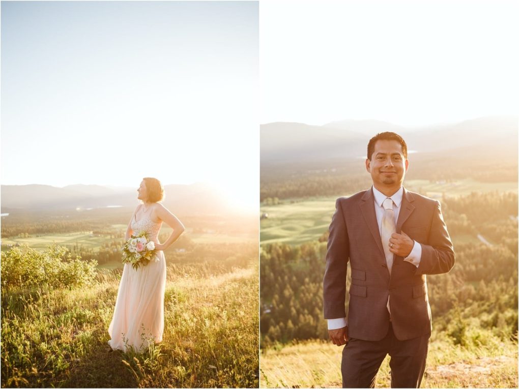 Premier snohomish & seattle wedding photographer | gsquared weddings photography side by side portraits of a bride holding a bouquet and a groom in a suit both standing on a sunlit hillside with scenic mountainscapturing the charm of a snohomish seattle wedding engagement | serving snohomish seattle                   & beyond
