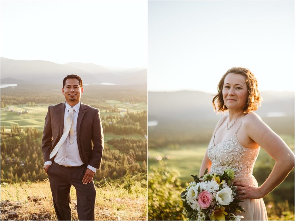 Premier snohomish & seattle wedding photographer | gsquared weddings photography split image on the left a man in a suit stands on a hilltop with hands in pockets on the right a woman in a wedding dress holds a bouquet Set against sunlit mountains and greenery this snohomish seattle wedding scene radiates elegance | serving snohomish seattle                   & beyond