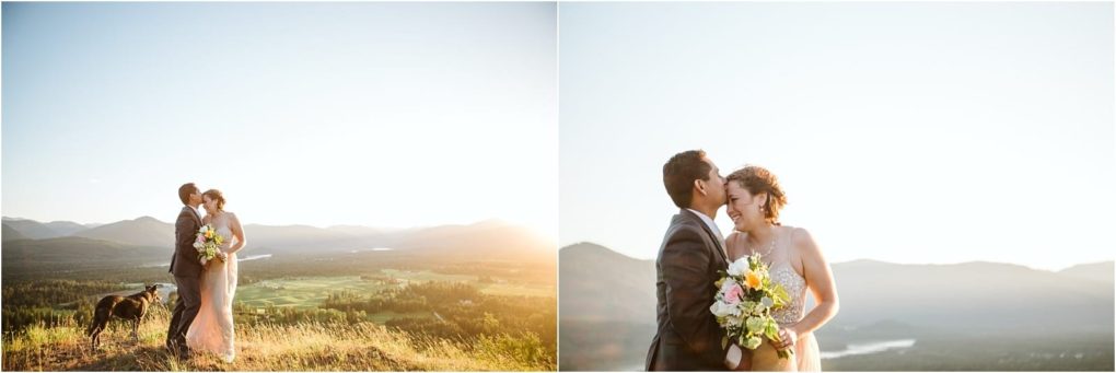 Premier snohomish & seattle wedding photographer | gsquared weddings photography a bride and groom stand on a grassy hilltop at sunset holding a bouquet and smiling at each other with mountains in the background their dog stands beside them in one photo from this dreamy snohomish seattle wedding engagement session | serving snohomish seattle                   & beyond