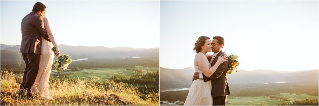 Premier snohomish & seattle wedding photographer | gsquared weddings photography a bride and groom stand on a grassy hilltop at sunset overlooking a scenic valley near snohomish They embrace and share a quiet joyful moment together in the golden light capturing the magic of their seattle wedding engagement | serving snohomish seattle                   & beyond