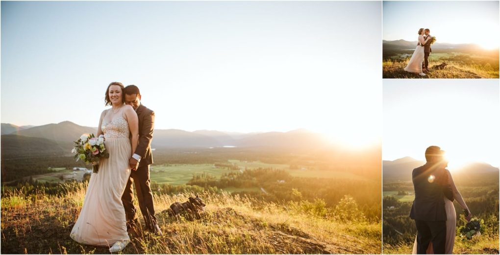 Premier snohomish & seattle wedding photographer | gsquared weddings photography a bride and groom stand on a sunlit hill near snohomish with mountains in the background holding hands and embracing The golden sunset creates a romantic glowing atmosphere in these seattle wedding day photos | serving snohomish seattle                   & beyond