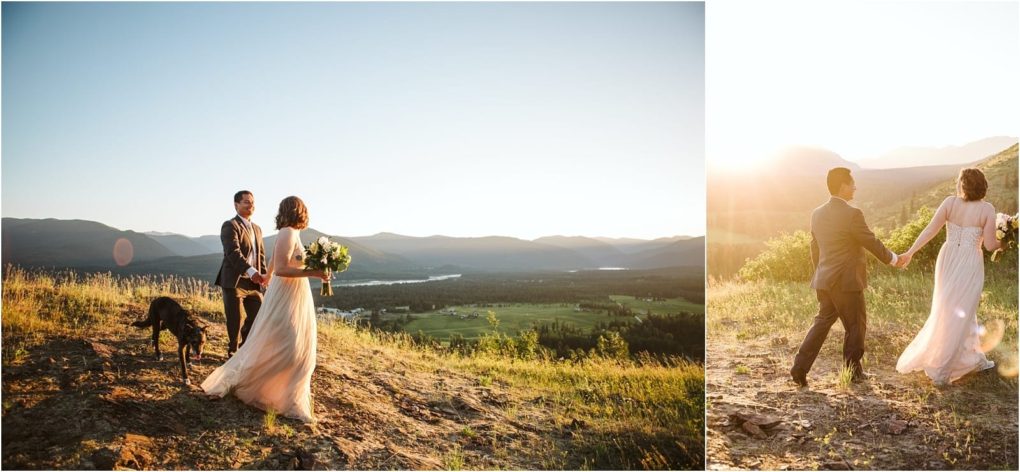 Premier snohomish & seattle wedding photographer | gsquared weddings photography a couple in wedding attire walks with their dog on a sunlit hillside near snohomish overlooking a scenic valley and mountains at sunset The bride holds a bouquet as they stroll hand in hand capturing the magic of their seattle wedding engagement | serving snohomish seattle                   & beyond