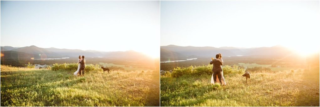 Premier snohomish & seattle wedding photographer | gsquared weddings photography a couple embraces on a grassy hill at sunset with mountains in the distance during their snohomish seattle wedding engagement while a dog stands nearby The golden sunlight creates a warm romantic atmosphere | serving snohomish seattle                   & beyond