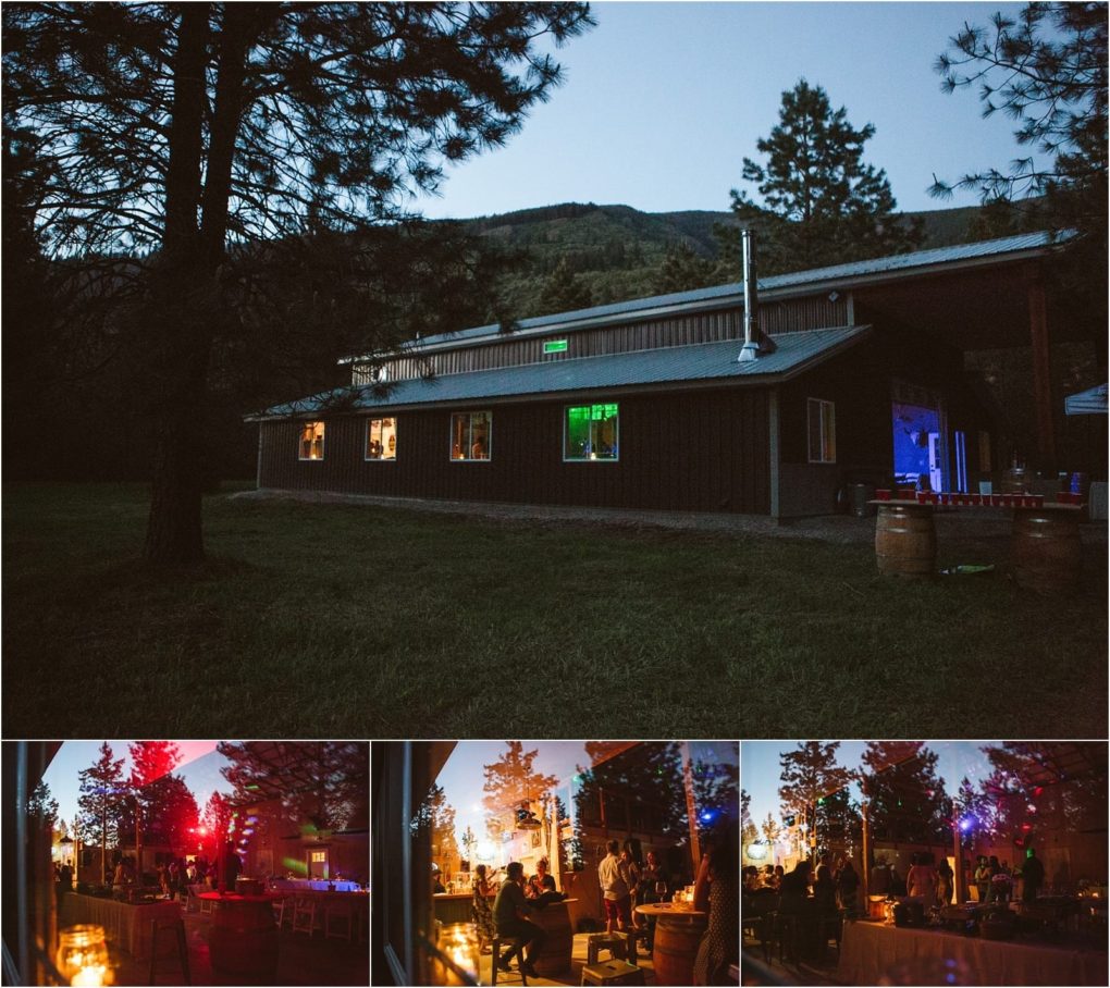 Premier snohomish & seattle wedding photographer | gsquared weddings photography a rustic barn style building near snohomish glows at dusk with guests gathered outside enjoying a wedding or engagement event under tall trees and a mountain backdrop Three smaller photos show people mingling in this seattle area setting | serving snohomish seattle                   & beyond