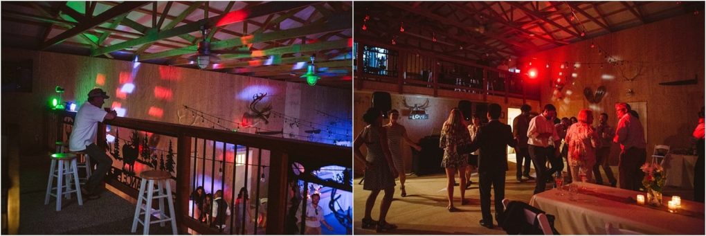 Premier snohomish & seattle wedding photographer | gsquared weddings photography a dimly lit snohomish party scene in a wooden barn on the left a person sits alone by a railing while on the right guests mingle under colorful lights and rustic decorperfect for a seattle wedding engagement celebration | serving snohomish seattle                   & beyond