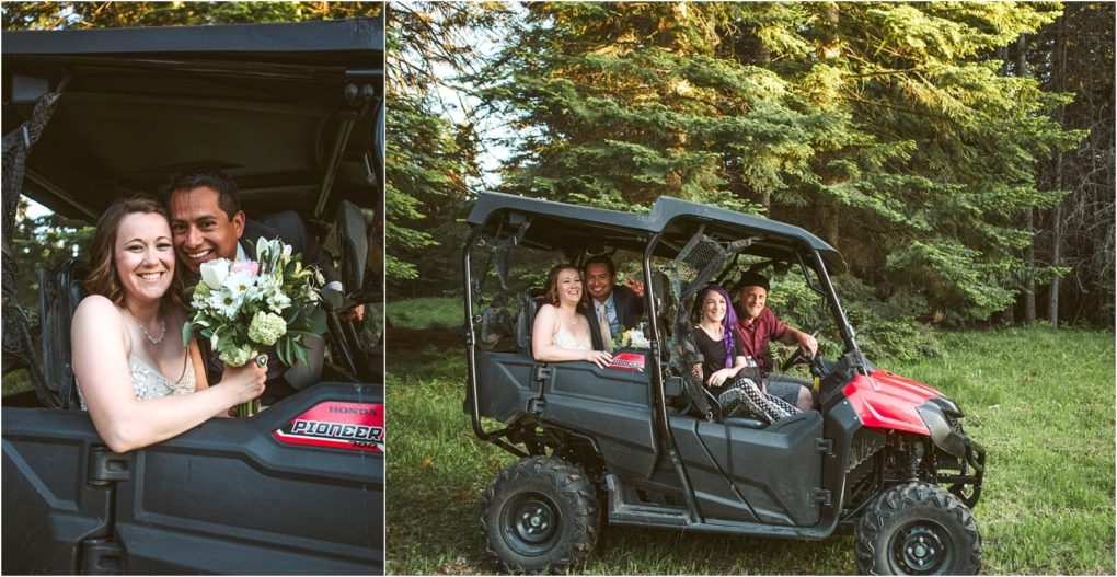 Premier snohomish & seattle wedding photographer | gsquared weddings photography a smiling bride holding a bouquet sits next to a groom inside a red honda pioneer off road vehicle with two other happy people in the back celebrating their snohomish seattle wedding and engagement surrounded by green trees and grass | serving snohomish seattle                   & beyond