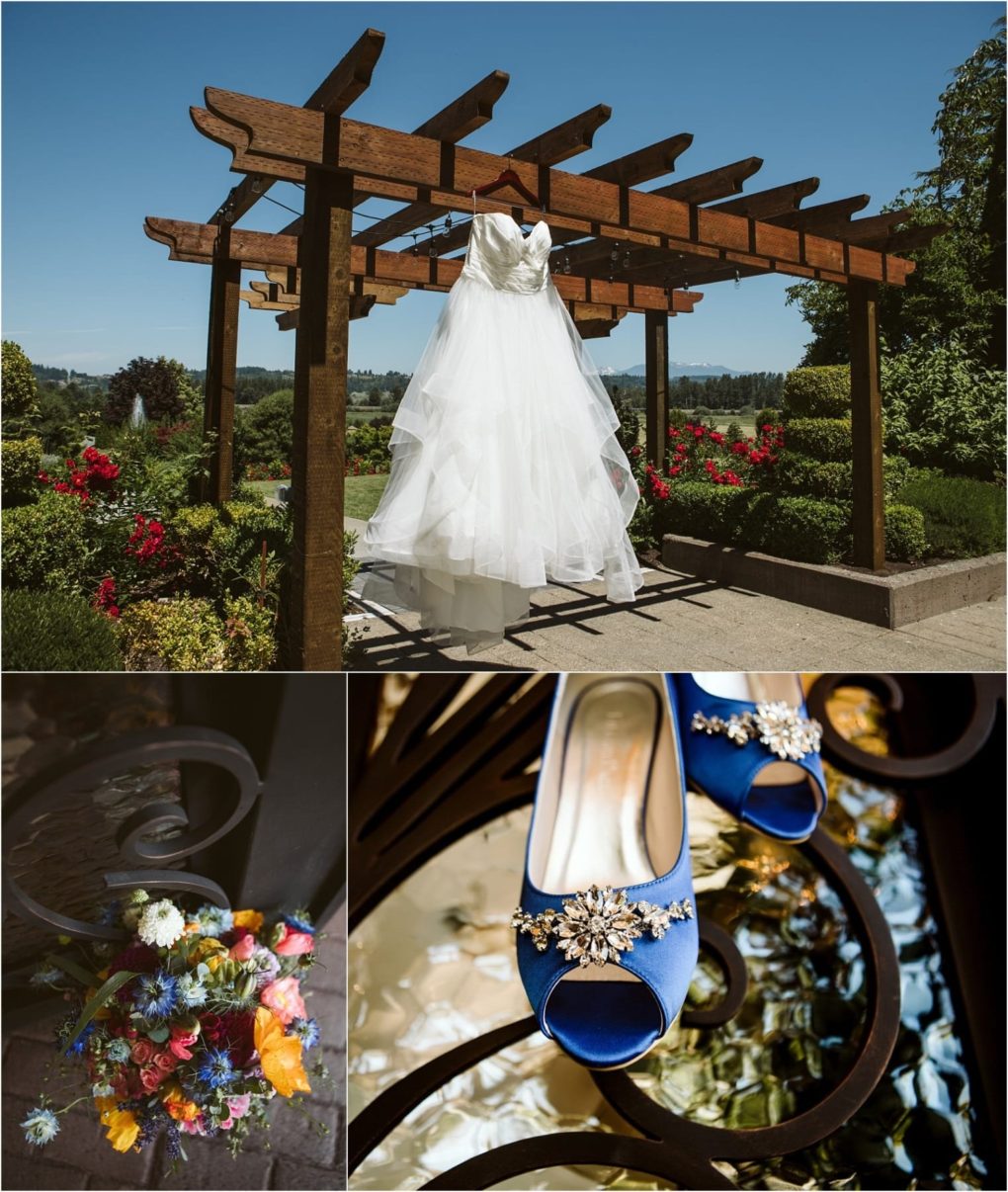 Premier snohomish & seattle wedding photographer | gsquared weddings photography a collage of a snohomish seattle wedding a white dress hangs from a garden pergola a vibrant bouquet rests on a bench and blue embellished shoes shimmer on a reflective surfaceperfect inspiration for your engagement day | serving snohomish seattle                   & beyond