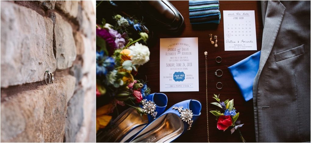 Premier snohomish & seattle wedding photographer | gsquared weddings photography a collage shows snohomish wedding rings on a stone wall left and a flat lay of seattle wedding items right including blue shoes a suit invitation rings boutonniere jewelry and a save the date card | serving snohomish seattle                   & beyond