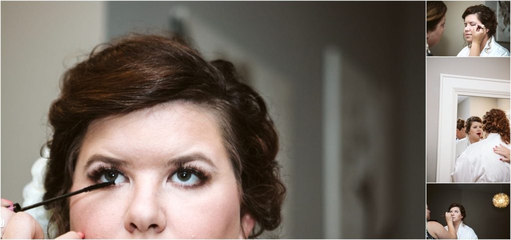 Premier snohomish & seattle wedding photographer | gsquared weddings photography collage of four images showing a bride getting ready for her snohomish wedding applying mascara having her makeup done looking in a mirror and adjusting her attire with assistance before her special day | serving snohomish seattle                   & beyond