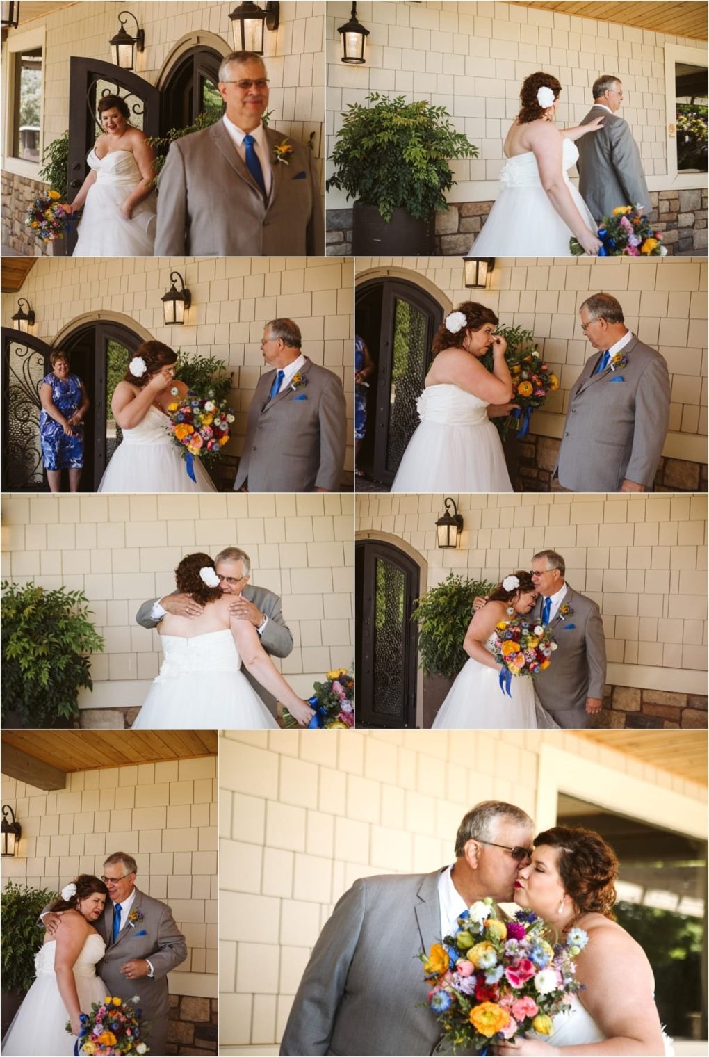 Premier snohomish & seattle wedding photographer | gsquared weddings photography a bride and an older man in a gray suit likely her father share an emotional first look and hug outside a building during their snohomish seattle wedding exchanging smiles tears and a kiss on the cheek as she holds a colorful bouquet | serving snohomish seattle                   & beyond