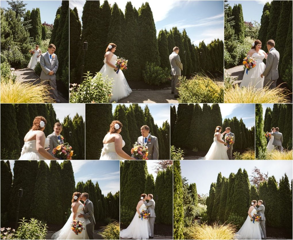 Premier snohomish & seattle wedding photographer | gsquared weddings photography a collage of outdoor snohomish wedding photos shows a bride and groom seeing each other for the first time exchanging smiles holding hands and sharing a kiss surrounded by tall greenery and sunlight | serving snohomish seattle                   & beyond