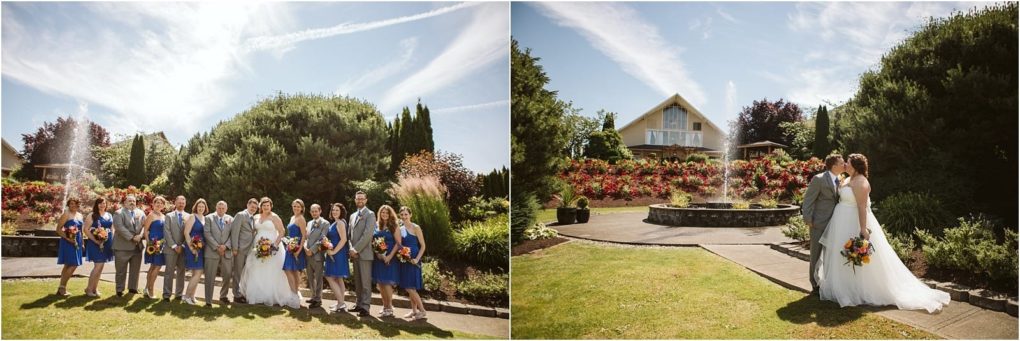 Premier snohomish & seattle wedding photographer | gsquared weddings photography a snohomish wedding party poses outdoors with blue skies and greenery the bridesmaids wear blue dresses and the groomsmen wear gray suits The second image shows the couple near a fountain with a garden and house in the background | serving snohomish seattle                   & beyond