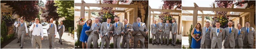 Premier snohomish & seattle wedding photographer | gsquared weddings photography three photos capture a lively snohomish seattle wedding a group in formal attire mostly men in gray suits with blue ties having fun outdoors under a wooden pergola Some laugh and pose playfully joined by two women in blue dresses | serving snohomish seattle                   & beyond