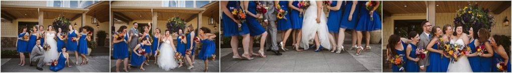 Premier snohomish & seattle wedding photographer | gsquared weddings photography three photos capture a joyful bride with bridesmaids in blue dresses and a groomsman all laughing together outdoors at a snohomish seattle wedding celebrating in front of a building adorned with large floral arrangements | serving snohomish seattle                   & beyond