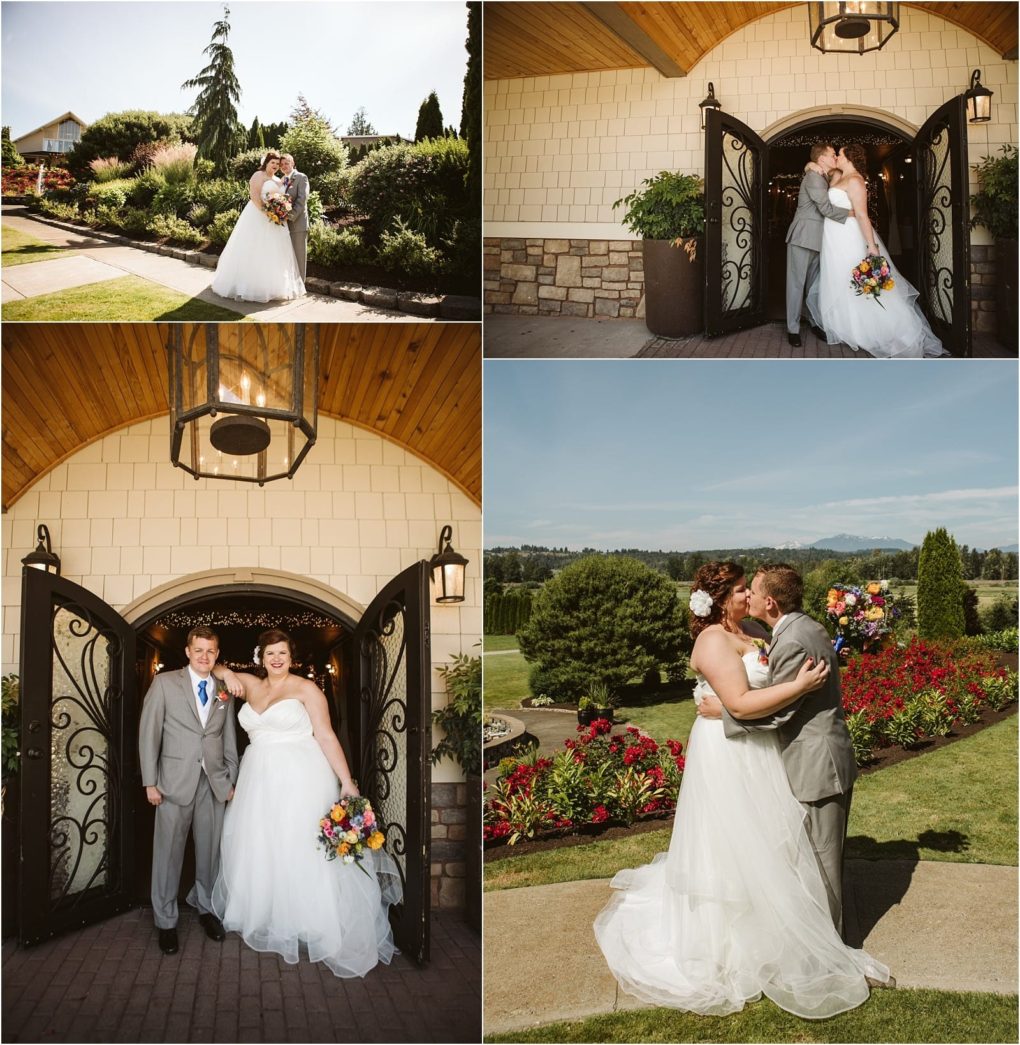 Premier snohomish & seattle wedding photographer | gsquared weddings photography four photos of a snohomish bride and groom on their wedding day posing by a garden embracing under a rustic archway standing together at an entrance and hugging in front of colorful landscaped grounds near seattle | serving snohomish seattle                   & beyond