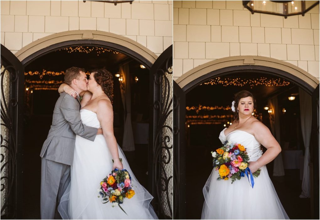 Premier snohomish & seattle wedding photographer | gsquared weddings photography a bride in a white dress holding a colorful bouquet poses confidently in one photo and kisses her partner who wears a gray suit in another both standing under an archway with string lights at their snohomish seattle wedding | serving snohomish seattle                   & beyond