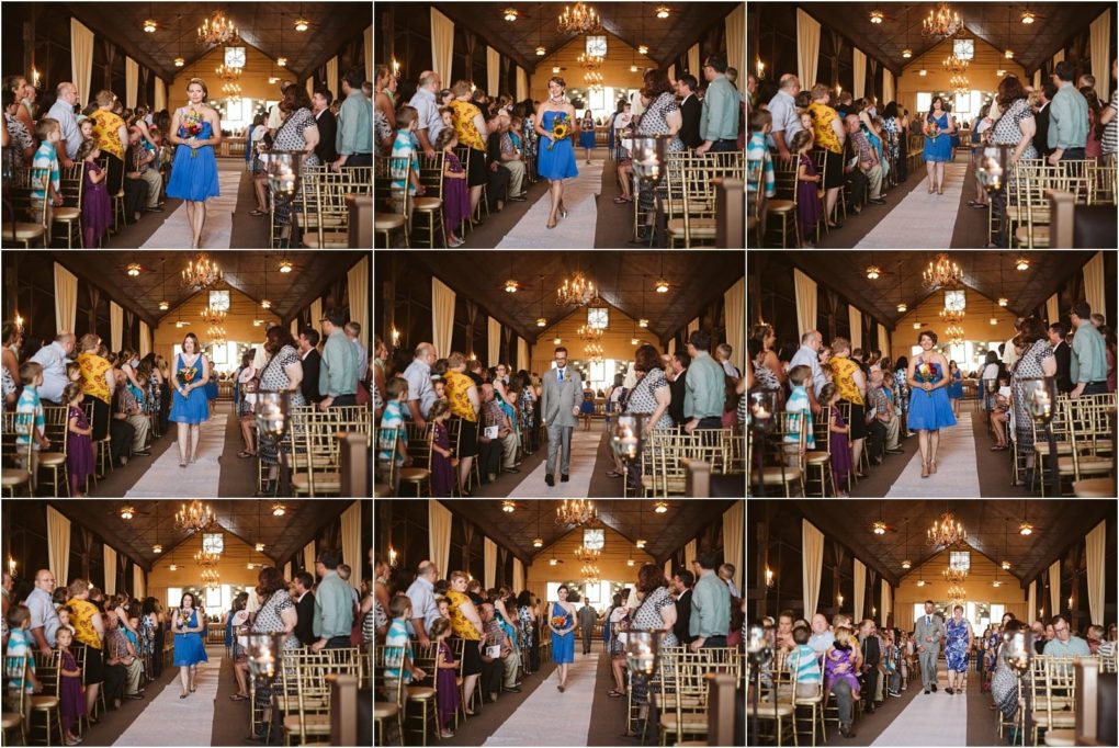 Premier snohomish & seattle wedding photographer | gsquared weddings photography a 12 panel collage shows a woman in a blue dress walking down the aisle of a decorated snohomish venue with guests standing and watching her as she walks toward the front The setting is warmly lit with chandeliers | serving snohomish seattle                   & beyond