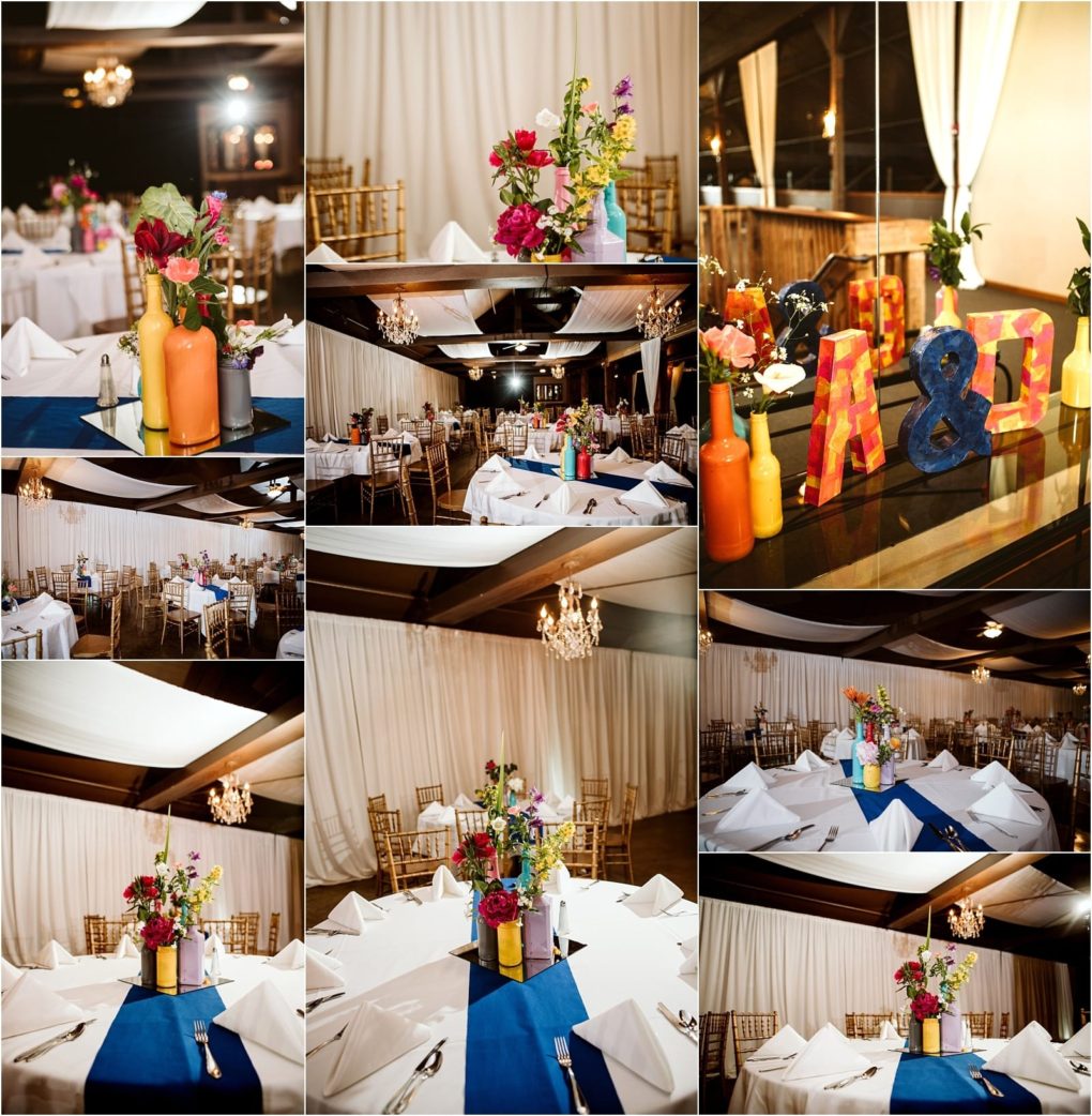 Premier snohomish & seattle wedding photographer | gsquared weddings photography collage of snohomish seattle wedding reception tables with white tablecloths blue runners gold chairs and floral centerpieces Decor includes draped white fabric chandeliers and painted wood letters on one table | serving snohomish seattle                   & beyond