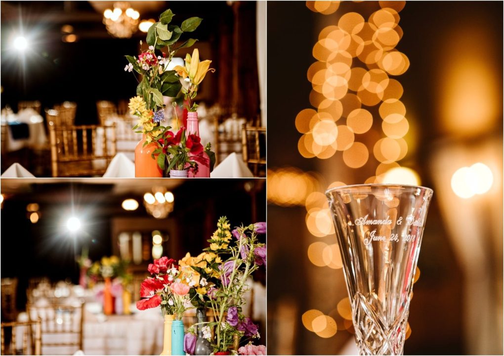 Premier snohomish & seattle wedding photographer | gsquared weddings photography collage of snohomish wedding reception decor colorful flower arrangements in painted bottles on tables with gold chairs and a close up of an engraved glass reading amanda & c june 24 2019 with soft twinkle lights in the background | serving snohomish seattle                   & beyond
