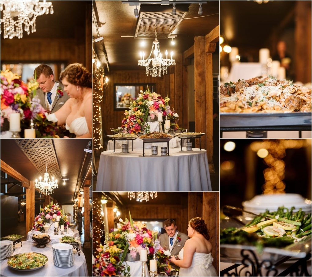 Premier snohomish & seattle wedding photographer | gsquared weddings photography a collage of six images shows a snohomish wedding reception with a couple dining floral centerpieces elegant chandeliers and buffet dishes including salad pasta and vegetablesall in a warmly lit rustic venue near seattle | serving snohomish seattle                   & beyond