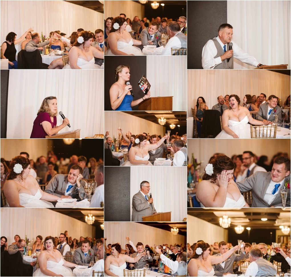 Premier snohomish & seattle wedding photographer | gsquared weddings photography a collage of snohomish wedding reception photos shows guests and newlyweds laughing listening to speeches and reacting emotionally at tables with several people speaking at a podium in a beautifully decorated venue near seattle | serving snohomish seattle                   & beyond