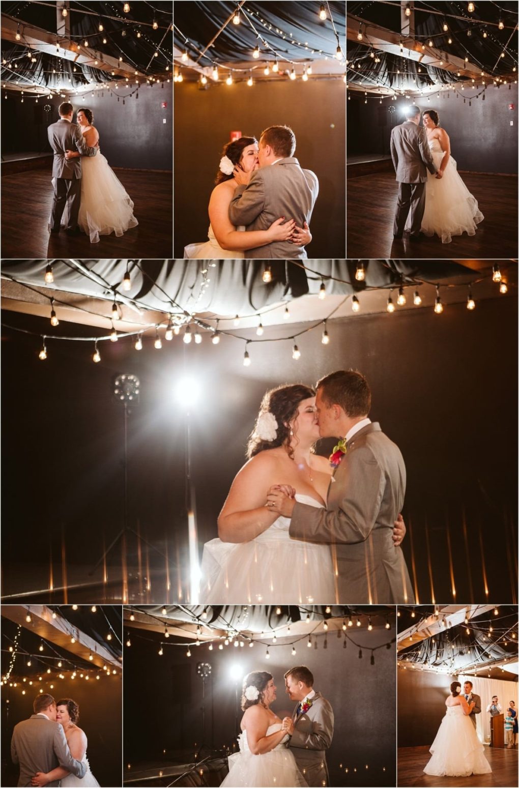 Premier snohomish & seattle wedding photographer | gsquared weddings photography a bride and groom share their first dance under string lights in a softly lit snohomish venue They embrace and smile surrounded by warm romantic lightinga magical seattle wedding engagement moment against an elegant backdrop | serving snohomish seattle                   & beyond