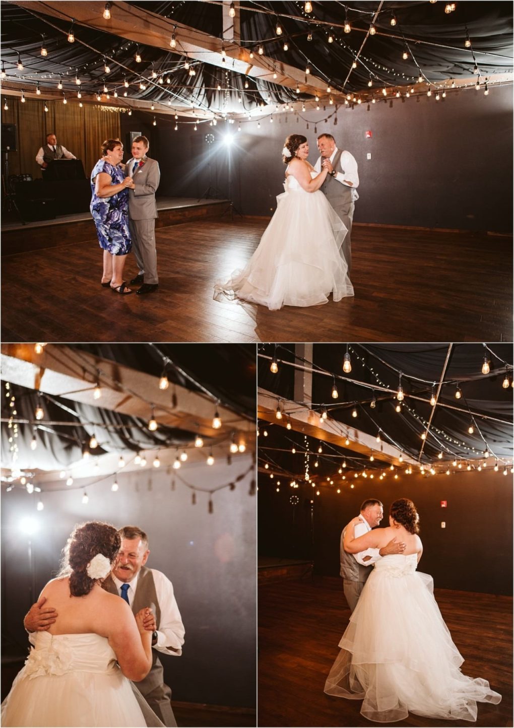 Premier snohomish & seattle wedding photographer | gsquared weddings photography three photos capture a joyful bride in a white gown dancing with her father under string lights at a warmly lit rustic snohomish wedding venue near seattle Both are emotional and glowing during this special moment | serving snohomish seattle                   & beyond
