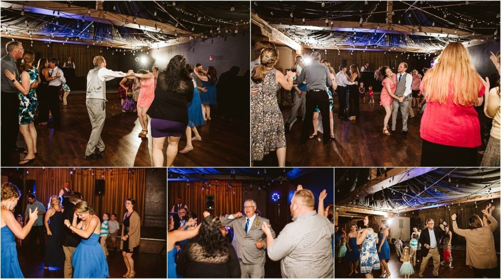 Premier snohomish & seattle wedding photographer | gsquared weddings photography a collage of five photos shows people in semi formal attire dancing and having fun at an indoor snohomish engagement party with string lights and draped fabric decorating the ceiling | serving snohomish seattle                   & beyond