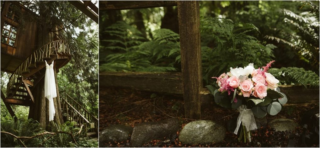 Premier snohomish & seattle wedding photographer | gsquared weddings photography a white wedding dress hangs from a treehouse staircase in a lush snohomish forest Nearby a bouquet of pink and white flowers rests by a rustic wooden fence and green ferns capturing the charm of a seattle wedding engagement | serving snohomish seattle                   & beyond