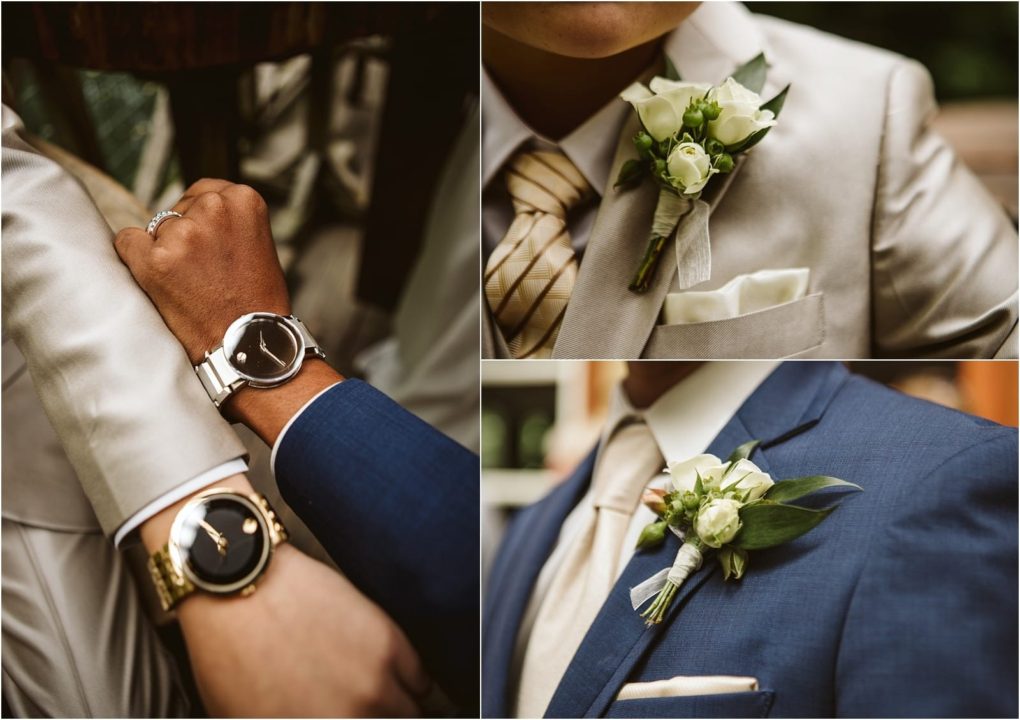 Premier snohomish & seattle wedding photographer | gsquared weddings photography close up collage of two people in suits wearing wristwatches and white rose boutonnières holding hands A stylish snohomish seattle wedding or engagement vibe shines with cream and blue suits paired with gold and cream ties | serving snohomish seattle                   & beyond