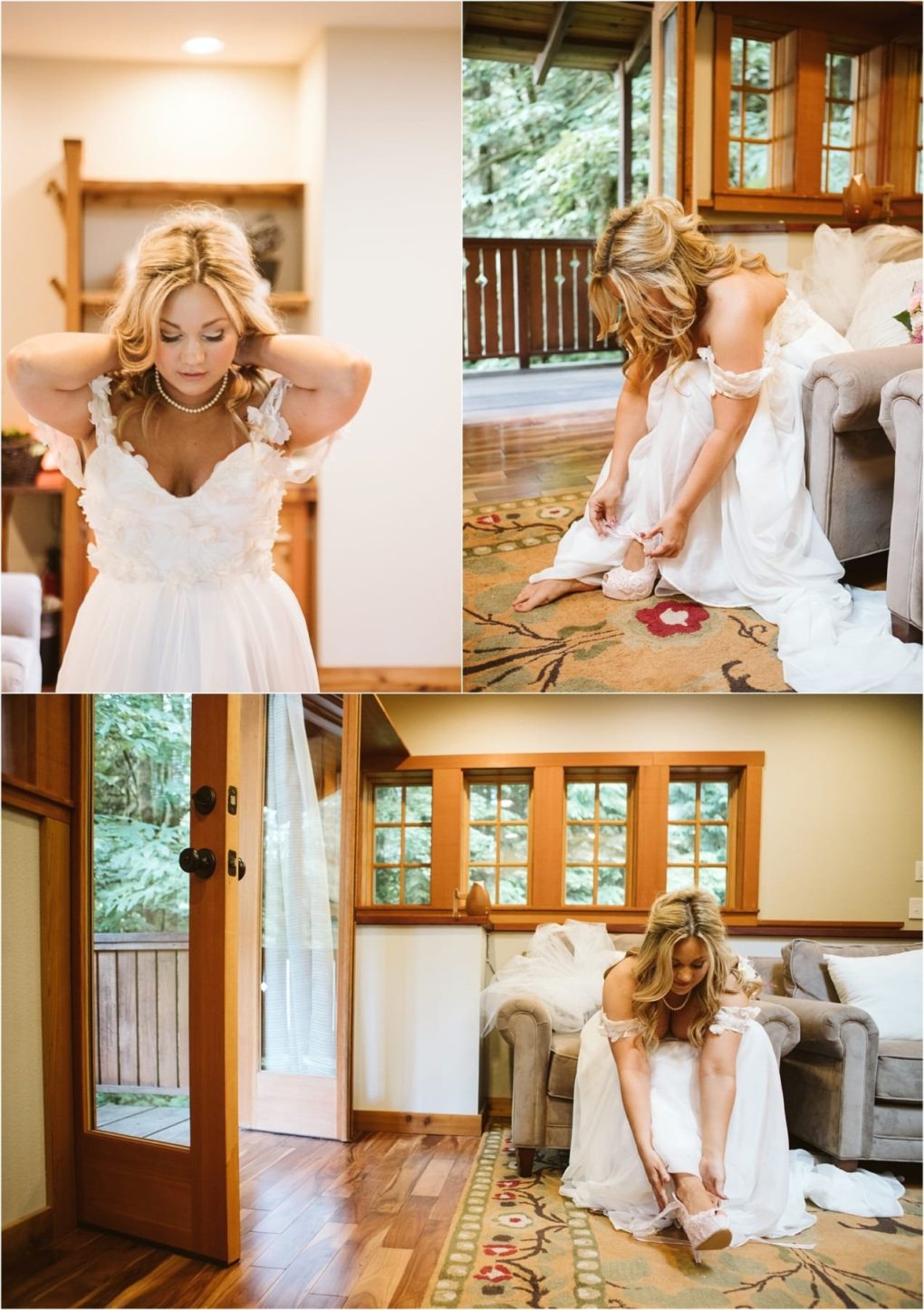 Premier snohomish & seattle wedding photographer | gsquared weddings photography a bride with blonde hair in a white wedding dress puts on earrings adjusts her dress and puts on shoes inside a cozy sunlit room with wooden floorsperfect for a snohomish or seattle wedding overlooking lush greenery | serving snohomish seattle                   & beyond