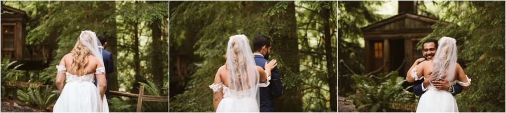Premier snohomish & seattle wedding photographer | gsquared weddings photography a bride in a white dress approaches her groom for their first look outside a forested snohomish cabin The happy couple embrace and smile capturing the magic of their seattle wedding in this rustic setting | serving snohomish seattle                   & beyond
