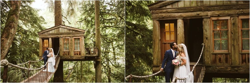 Premier snohomish & seattle wedding photographer | gsquared weddings photography a bride and groom stand on a rope bridge embracing in front of a rustic treehouse surrounded by lush green forest Sunlight filters through the trees creating a romantic snohomish seattle wedding and engagement setting | serving snohomish seattle                   & beyond
