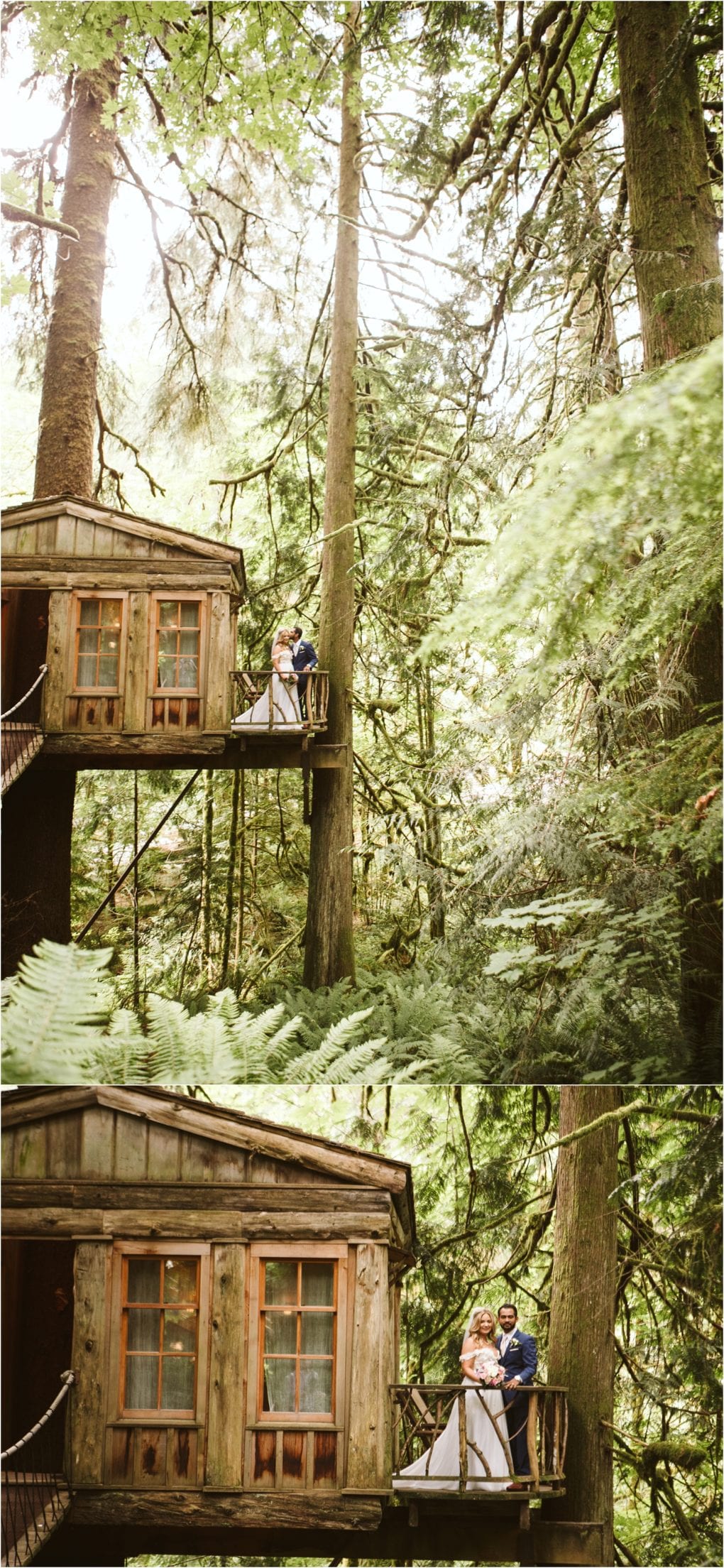 Premier snohomish & seattle wedding photographer | gsquared weddings photography a bride and groom stand together on the balcony of a rustic wooden treehouse surrounded by lush green forest Sunlight filters through the tall trees creating a magical serene atmosphereperfect for a snohomish wedding or seattle engagement | serving snohomish seattle                   & beyond