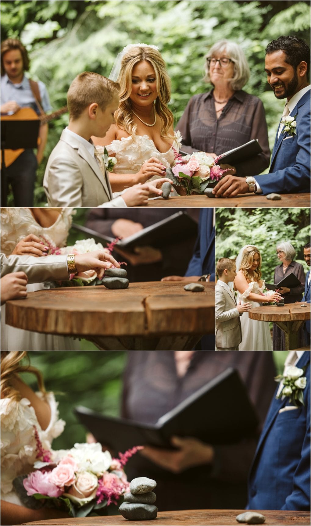 Premier snohomish & seattle wedding photographer | gsquared weddings photography a beautiful snohomish outdoor wedding ceremony in a forest with a bride groom and young boy placing stones on a wooden table A bouquet and officiant are present as a musician plays guitar in the background | serving snohomish seattle                   & beyond