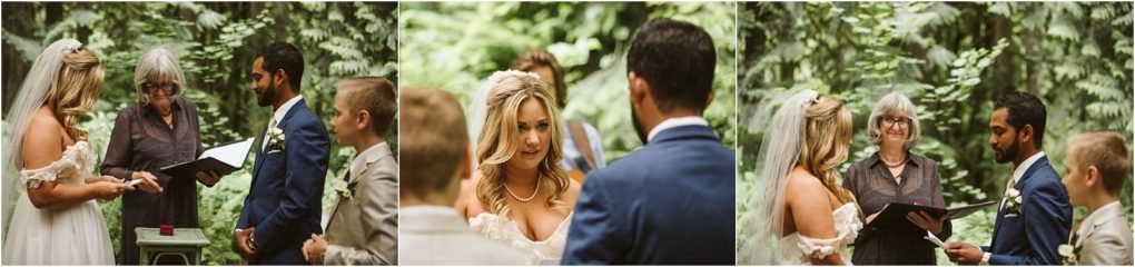 Premier snohomish & seattle wedding photographer | gsquared weddings photography a bride groom officiant and two young boys stand together during a joyful snohomish wedding ceremony in a lush green outdoor setting The bride exchanges rings as the group looks focused on the special moment | serving snohomish seattle                   & beyond