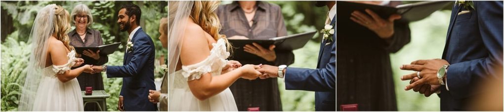 Premier snohomish & seattle wedding photographer | gsquared weddings photography three panel image of a snohomish seattle wedding ceremony outdoors a smiling couple exchanges rings before an officiant the bride in a white dress and veil and the groom in a blue suit with close ups showing hands during their engagement | serving snohomish seattle                   & beyond