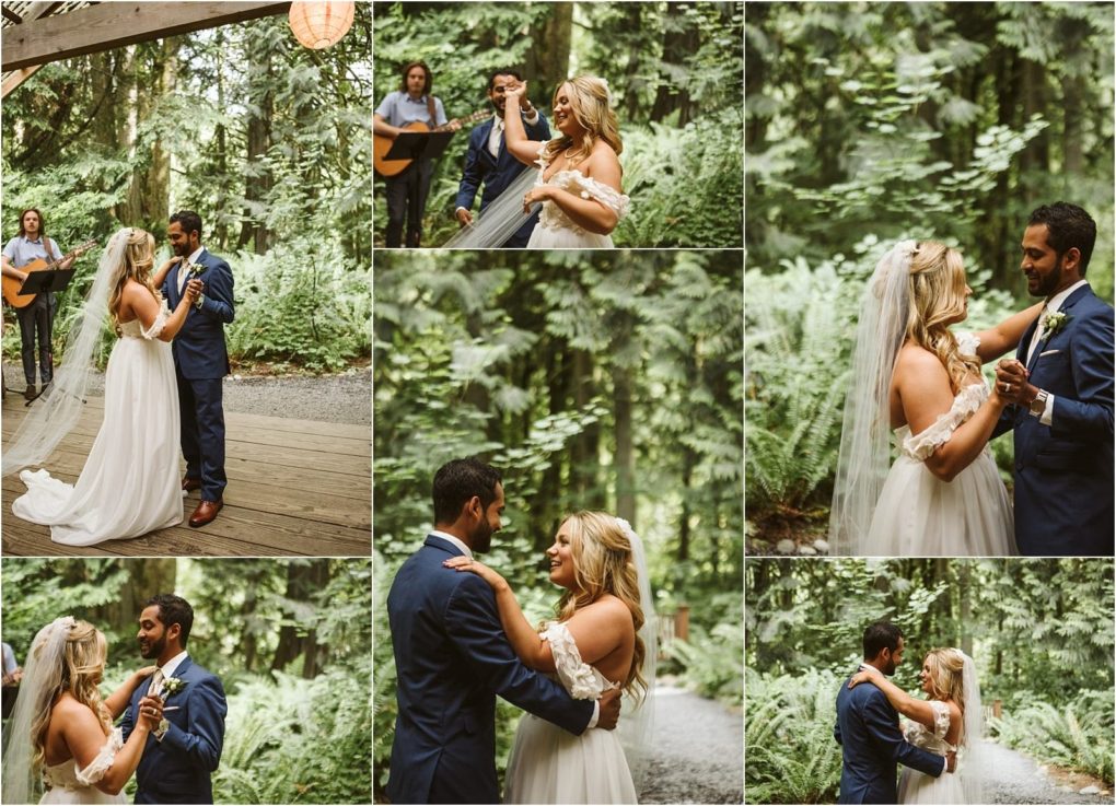 Premier snohomish & seattle wedding photographer | gsquared weddings photography a collage shows a bride and groom dancing together in a forest setting near snohomish Surrounded by green trees and ferns they smile and gaze at each other as musicians play guitar during their outdoor seattle wedding | serving snohomish seattle                   & beyond