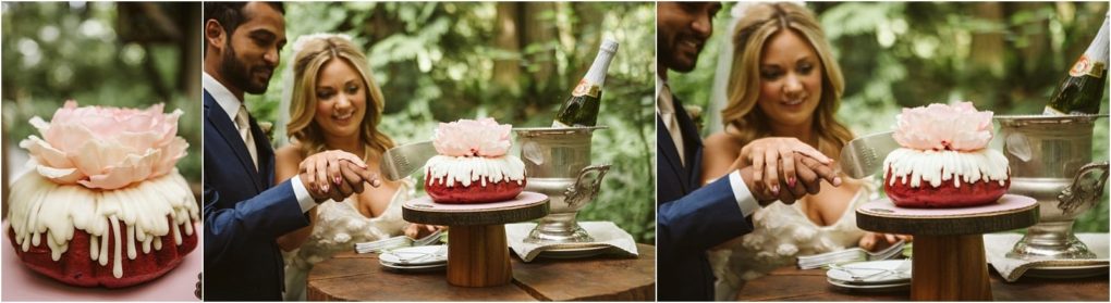 Premier snohomish & seattle wedding photographer | gsquared weddings photography a close up of a pink and white floral cake followed by a smiling bride and groom cutting the cake together outdoors at their snohomish seattle wedding with champagne in an ice bucket beside them | serving snohomish seattle                   & beyond