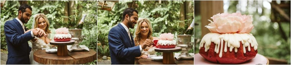 Premier snohomish & seattle wedding photographer | gsquared weddings photography a bride and groom smile as they cut a red velvet cake with white icing and a pink flower topper in a lush snohomish outdoor setting a close up captures the beautifully decorative wedding cake | serving snohomish seattle                   & beyond