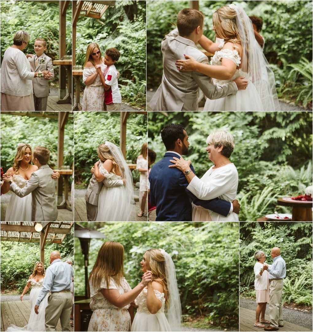 Premier snohomish & seattle wedding photographer | gsquared weddings photography a collage of wedding photos shows a bride in a white dress and veil a groom in a light suit and guests embracing and dancing outdoors in a lush green snohomish gardencapturing the charm of a seattle wedding engagement | serving snohomish seattle                   & beyond