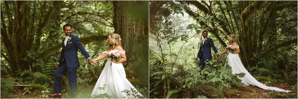Premier snohomish & seattle wedding photographer | gsquared weddings photography a bride and groom walk hand in hand through a lush green forest at their snohomish wedding The groom wears a navy suit and the bride in a flowing white dress with a flower crown smiles as they stroll among trees and ferns | serving snohomish seattle                   & beyond