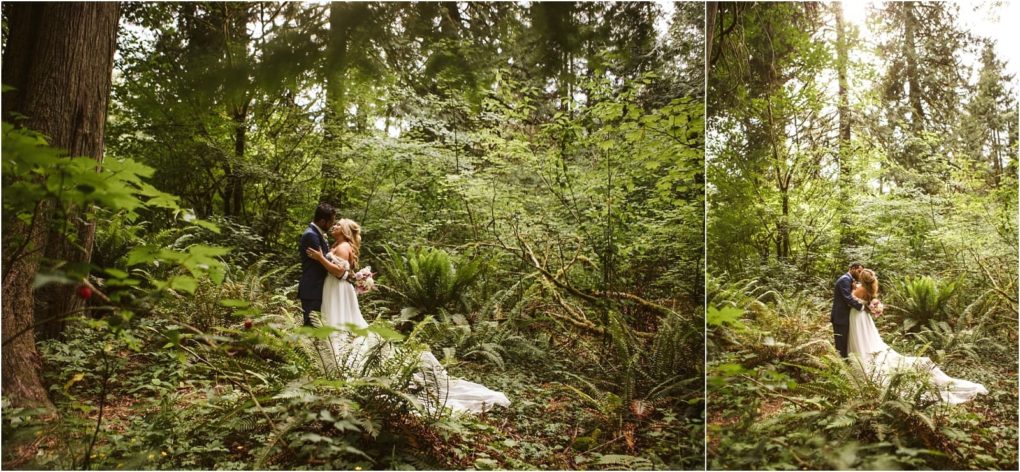 Premier snohomish & seattle wedding photographer | gsquared weddings photography a bride and groom embrace and kiss in a lush green snohomish forest with sunlight filtering through the trees They stand among ferns and tall trees surrounded by natural beauty on their seattle wedding day | serving snohomish seattle                   & beyond