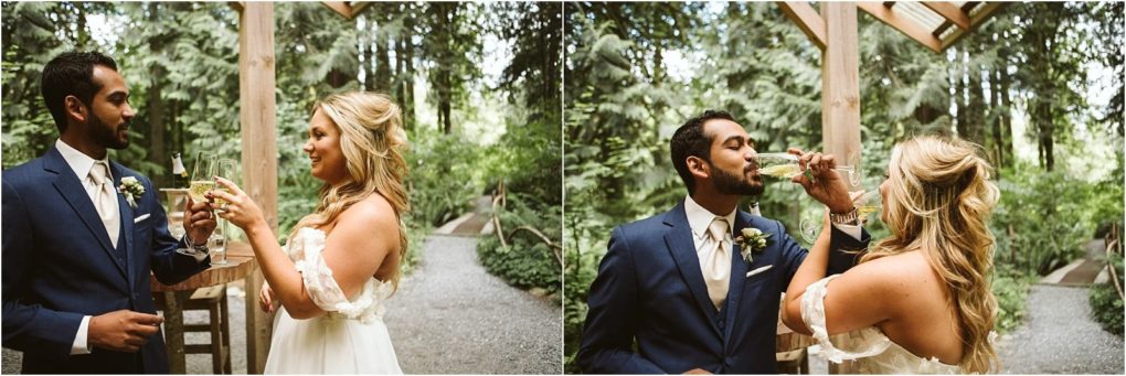 Premier snohomish & seattle wedding photographer | gsquared weddings photography a bride and groom stand outdoors in a lush green snohomish setting clinking glasses in one image and drinking from them in the next both smiling and dressed in wedding attire | serving snohomish seattle                   & beyond