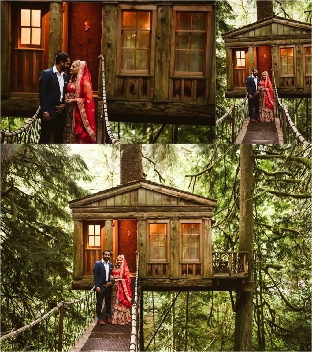 Premier snohomish & seattle wedding photographer | gsquared weddings photography a couple in wedding attire stands on a rope bridge outside a rustic wooden treehouse in a lush green foresta dreamy snohomish seattle wedding moment The bride wears a red dress and veil and the groom is in a navy suit | serving snohomish seattle                   & beyond