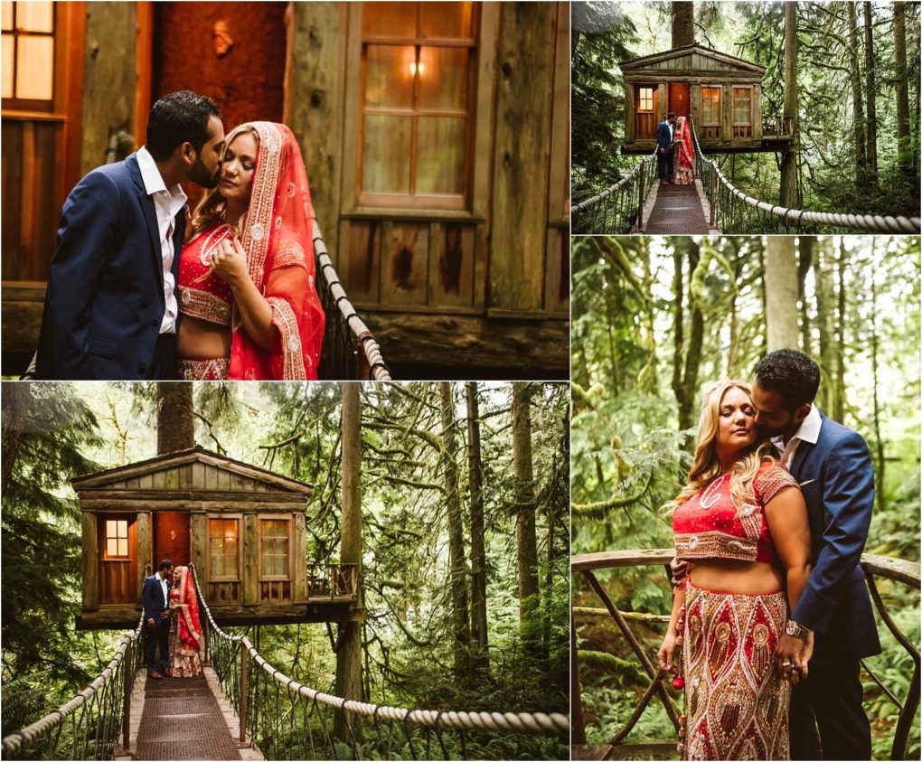 Premier snohomish & seattle wedding photographer | gsquared weddings photography a couple in formal and traditional south asian attire poses affectionately on a rope bridge and before a rustic treehouse surrounded by dense green forest during their charming snohomish seattle wedding engagement shoot | serving snohomish seattle                   & beyond